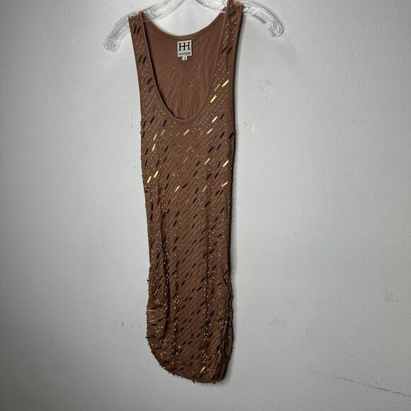 Haute Hippie Chocolate Brown Tank Mini Dress Side Ruche Gold & Beaded Adornment - Picture 2 of 14